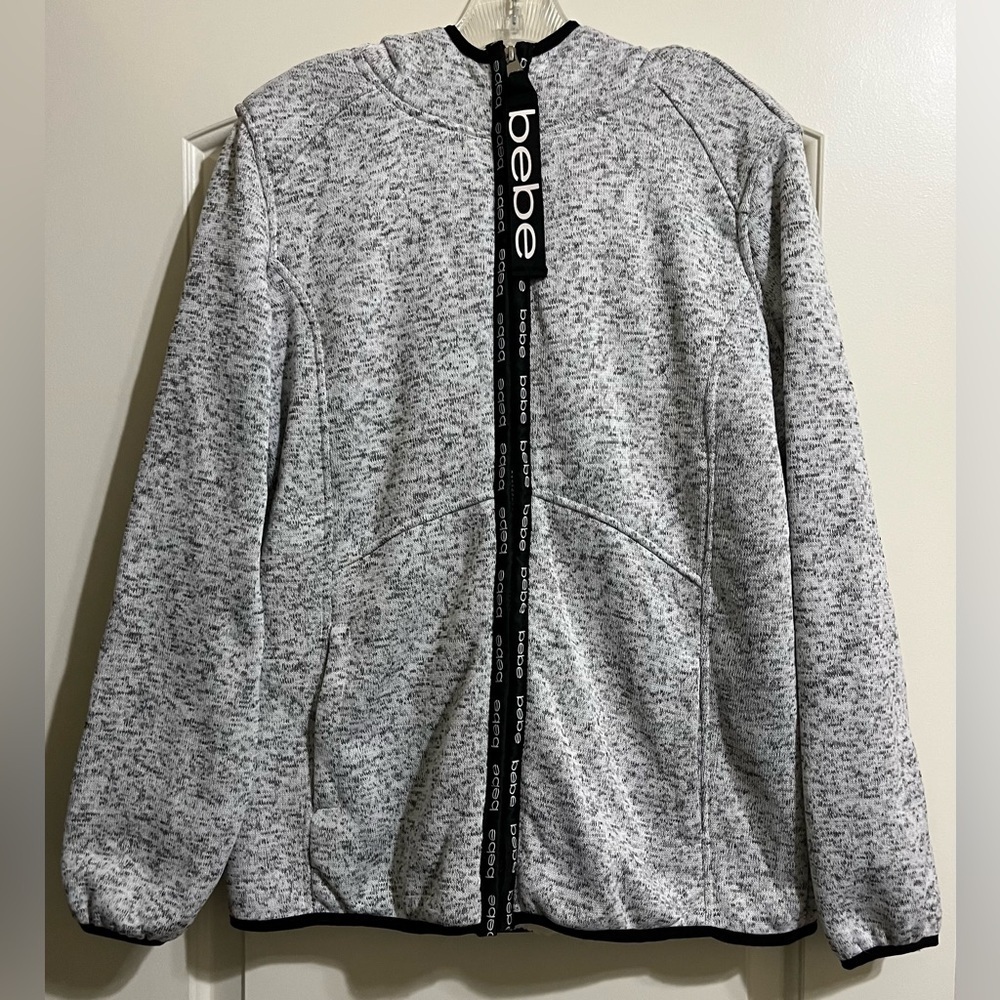 BEBE Gray Black Faux Fur Lined Zip Up Front Jacket Hoodie Size Large Pockets